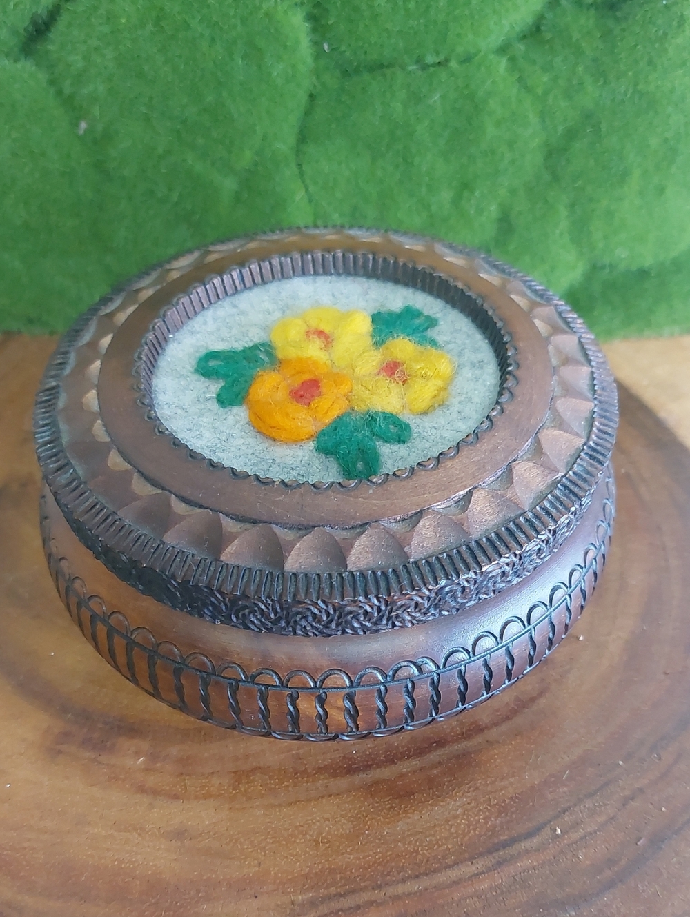 Vintage Carved Wood Trinket Box with Crewel Embroidered Floral Lid, Folk Art